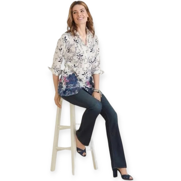 Chico's Women's No-Iron Petite Cotton-Blend Jacobean Print Stain Shield Pocket T - Picture 1 of 9